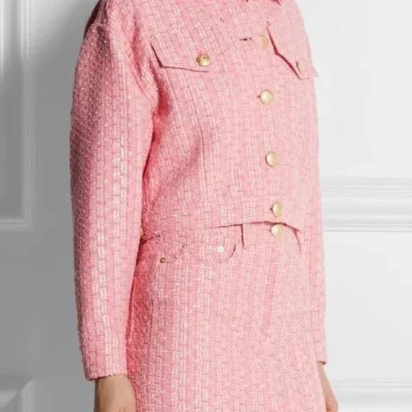 MOSCHINO COUTURE RAFFIA BOUCLE PINK TWEED JACKET SKIRT SET 2017 RUNWAY SZ 8
